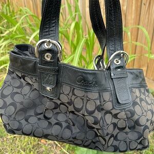 Coach Black Signature Canvas Shoulder Tote with Leather Trim